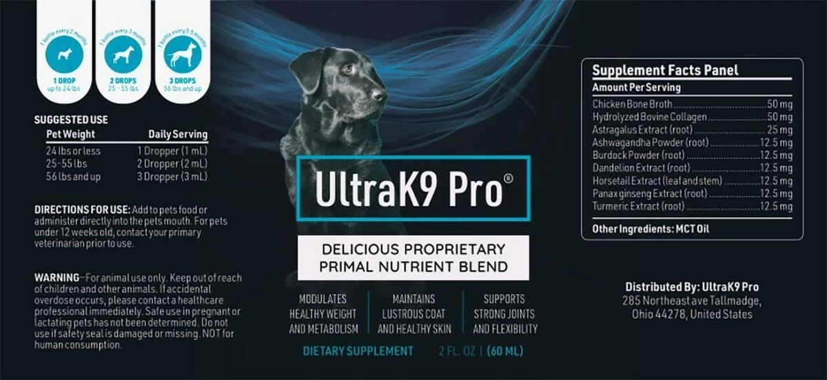UltraK9 Pro ingredients — bone broth, turmeric, collagen, MCT oil and botanicals